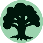 A leafy tree, silhouetted in black on a pale green background, the symbol for green mana