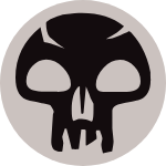 A human skull, seen from the front, silhouetted against a pale grey background, the symbol for black mana