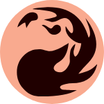 A curling fireball silhouetted against a pale red background, the symbol for red mana