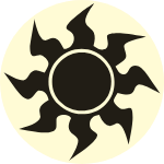 A blazing black sun on a pale yellow circle, the symbol for white mana